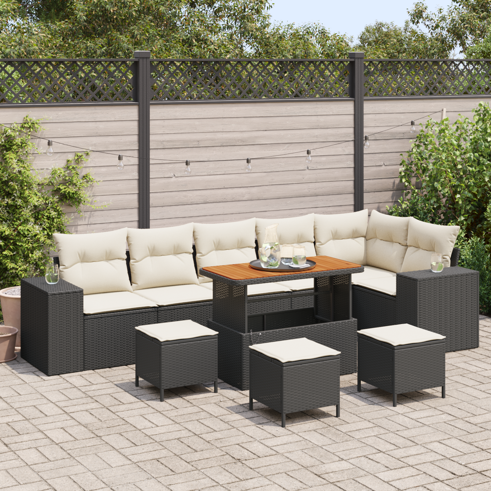 10-teiliges Garten-Sofaset mit Kissen schwarzes Poly-Rattan Akazie