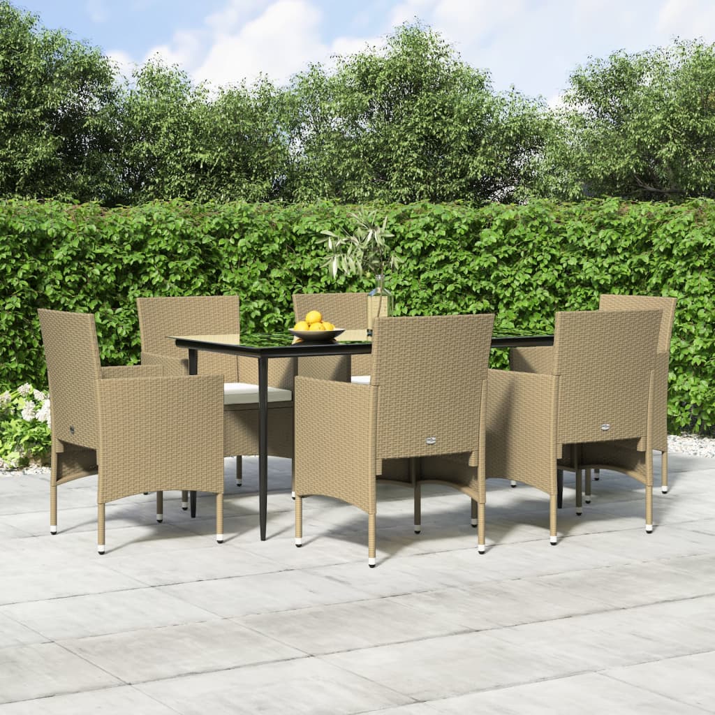 7-tlg. Garten-Essgruppe mit Kissen Beige und Schwarz 7-tlg. Garten-Essgruppe mit Kissen Beige und Schwarz