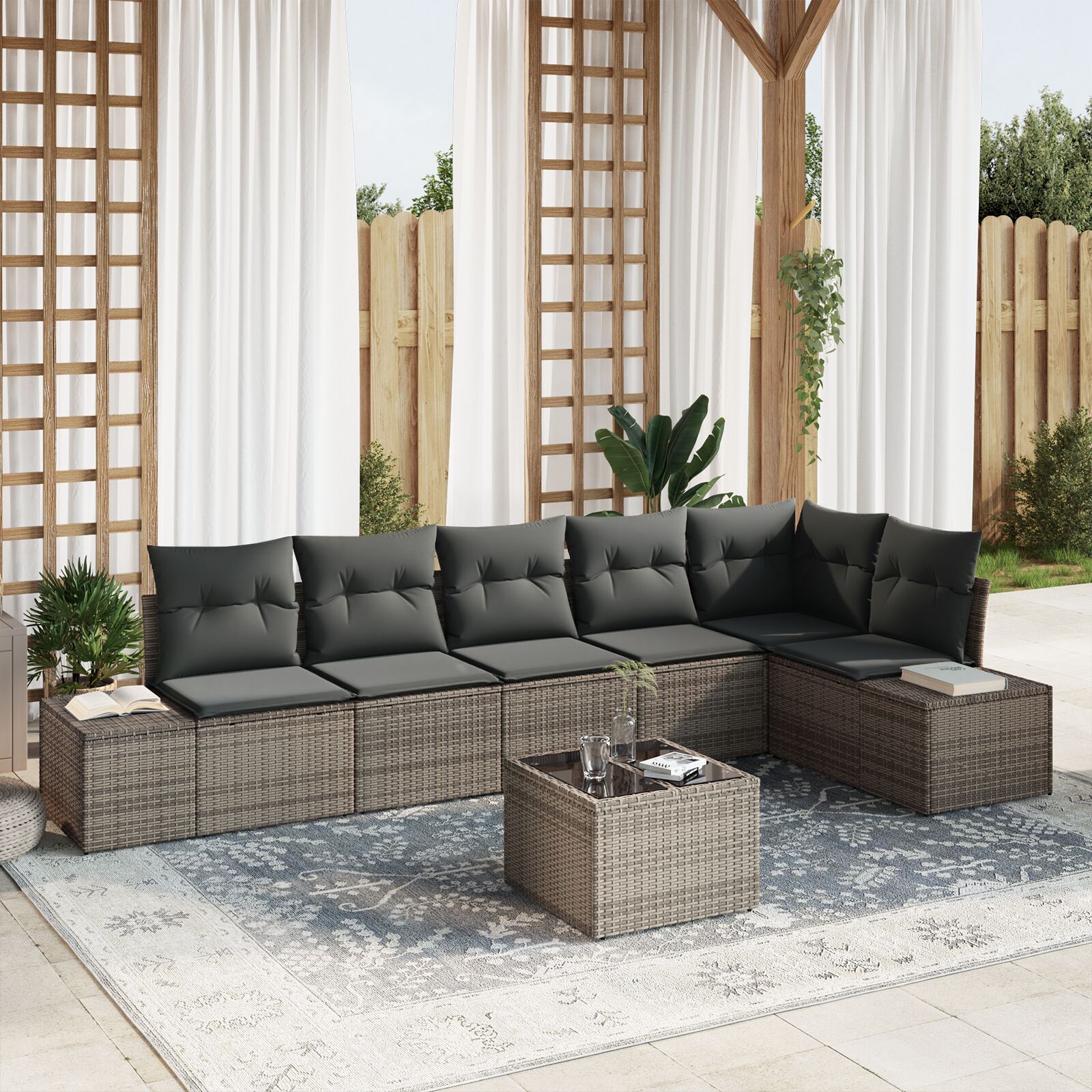 6-teilige Garten Sofaset mit Kissen Schwarz Poly Rattan