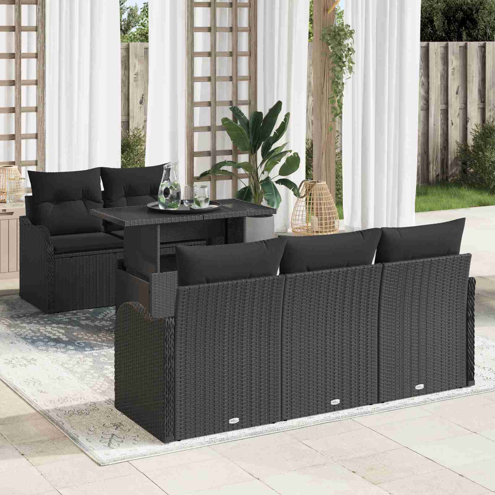 6-teiliges Garten Sofa Set mit Kissen Schwarz Poly-Rattan 6-teiliges Garten Sofa Set mit Kissen Schwarz Poly-Rattan
