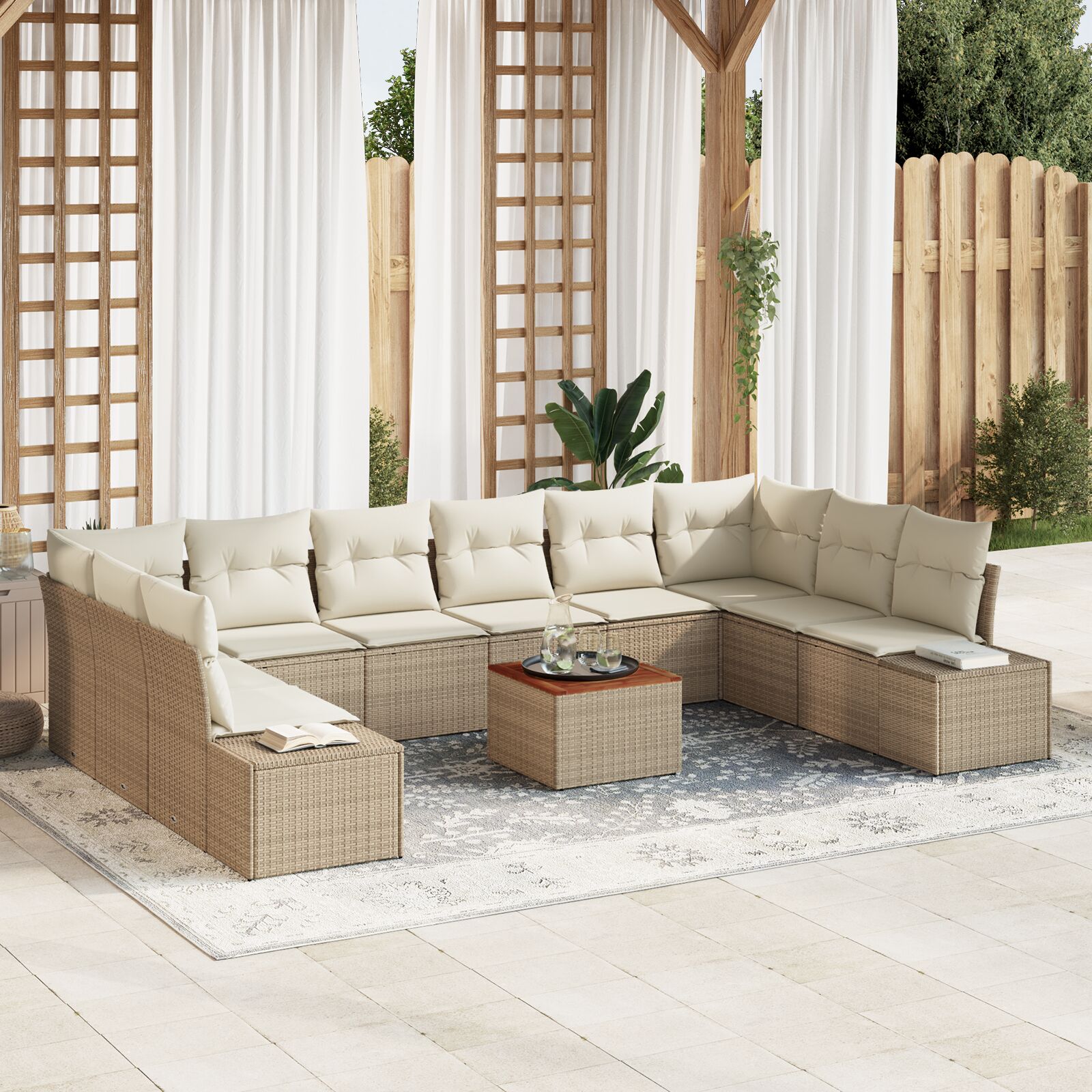 11-teiliges Garten Sofa Set mit Kissen Beige Poly Rattan Akazie