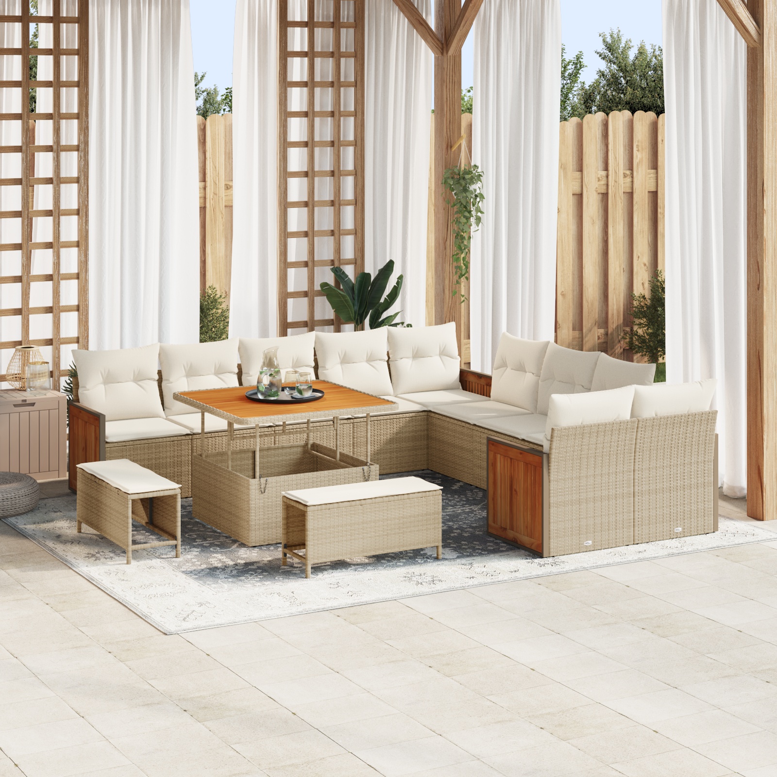 13-teiliges Garten Sofa Set mit Kissen Beige Poly Rattan Akazie 13-teiliges Garten Sofa Set mit Kissen Beige Poly Rattan Akazie