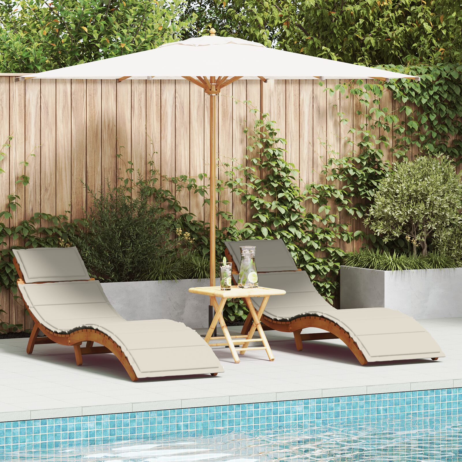 vidaXL Sonnenliegen mit Kissen 2er Set Creme Weiß Akazienholz vidaXL Sonnenliegen mit Kissen 2er Set Creme Weiß Akazienholz