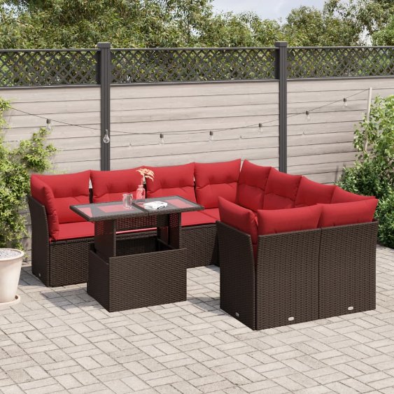 9-teiliges Gartensofa-Set mit Kissen, braun, Polyrattan