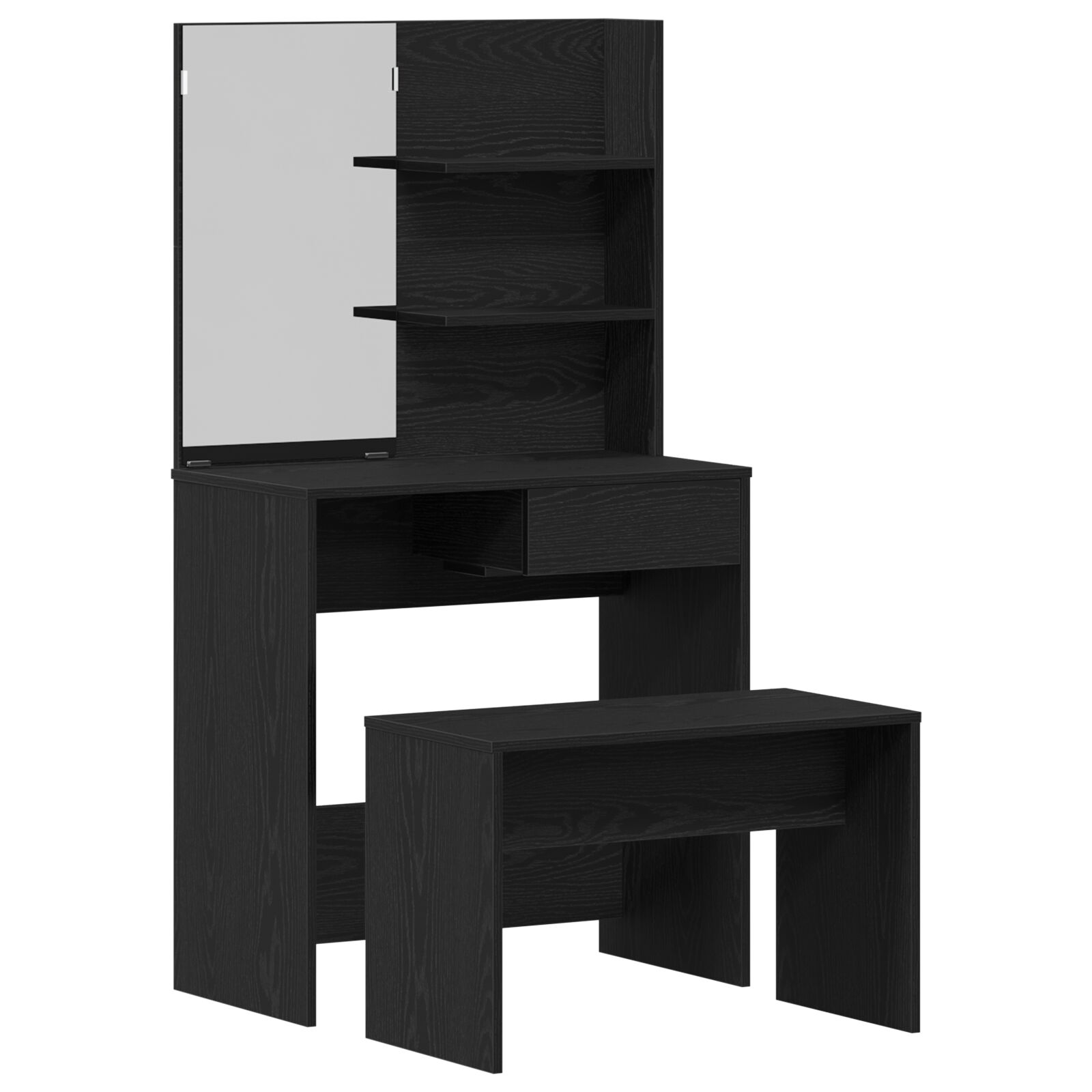 Schminktischset aus schwarzem Eichenholz - Holzwerkstoff, Schminktisch aus schwarzem Eichenholz mit Spiegel - 74,5 x 40 x 141 cm, Schminkhocker aus schwarzem Eichenholz 70x35x45 cm Holzwerkstoff