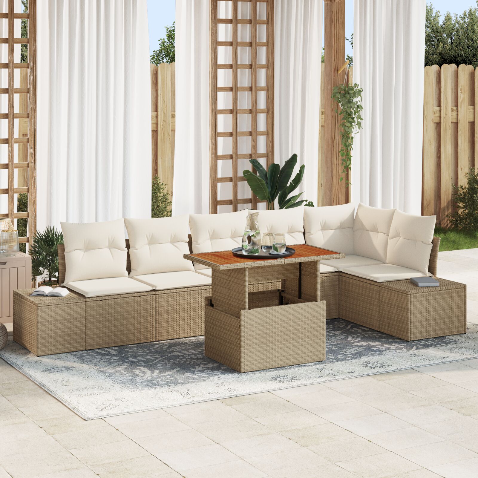7-teiliges Garten Essset mit Kissen Beige Poly Rattan Akazie 7-teiliges Garten Essset mit Kissen Beige Poly Rattan Akazie