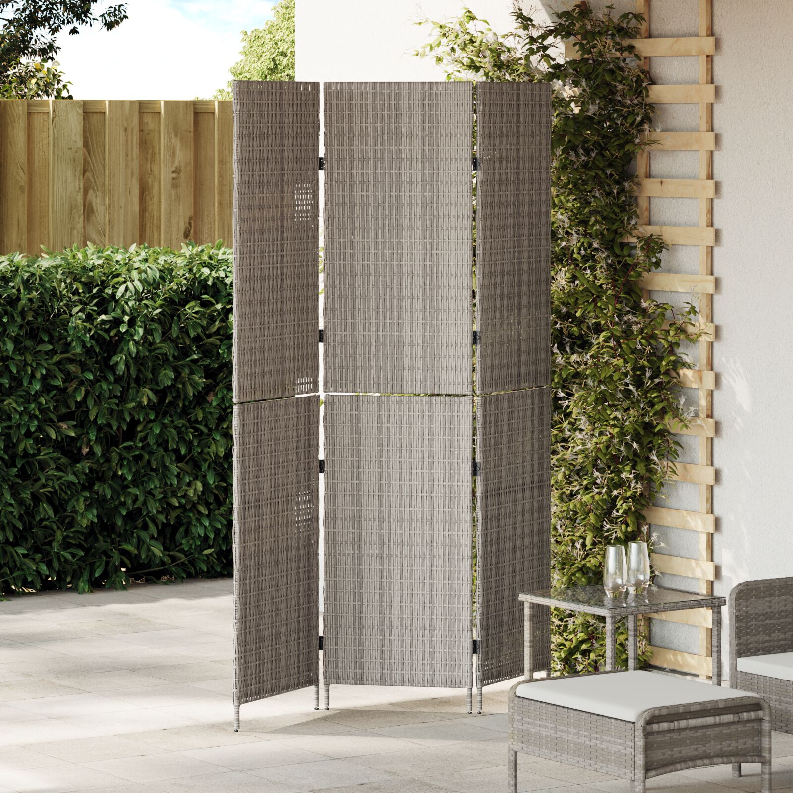 Raumteiler 3 Panels Faltbar Grau 147x180 cm Poly Rattan