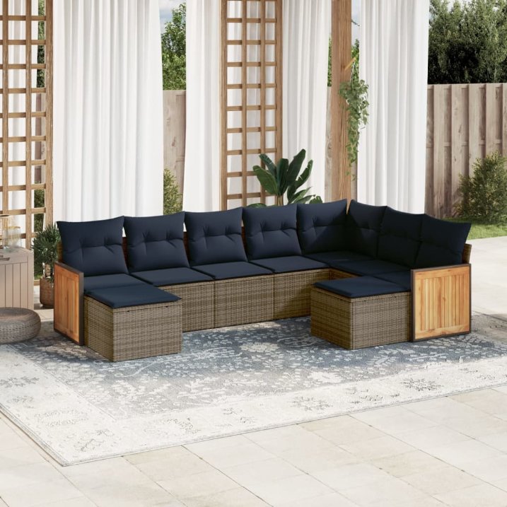 9-teiliges Gartensofa-Set mit Kissen, grau, Polyrattan