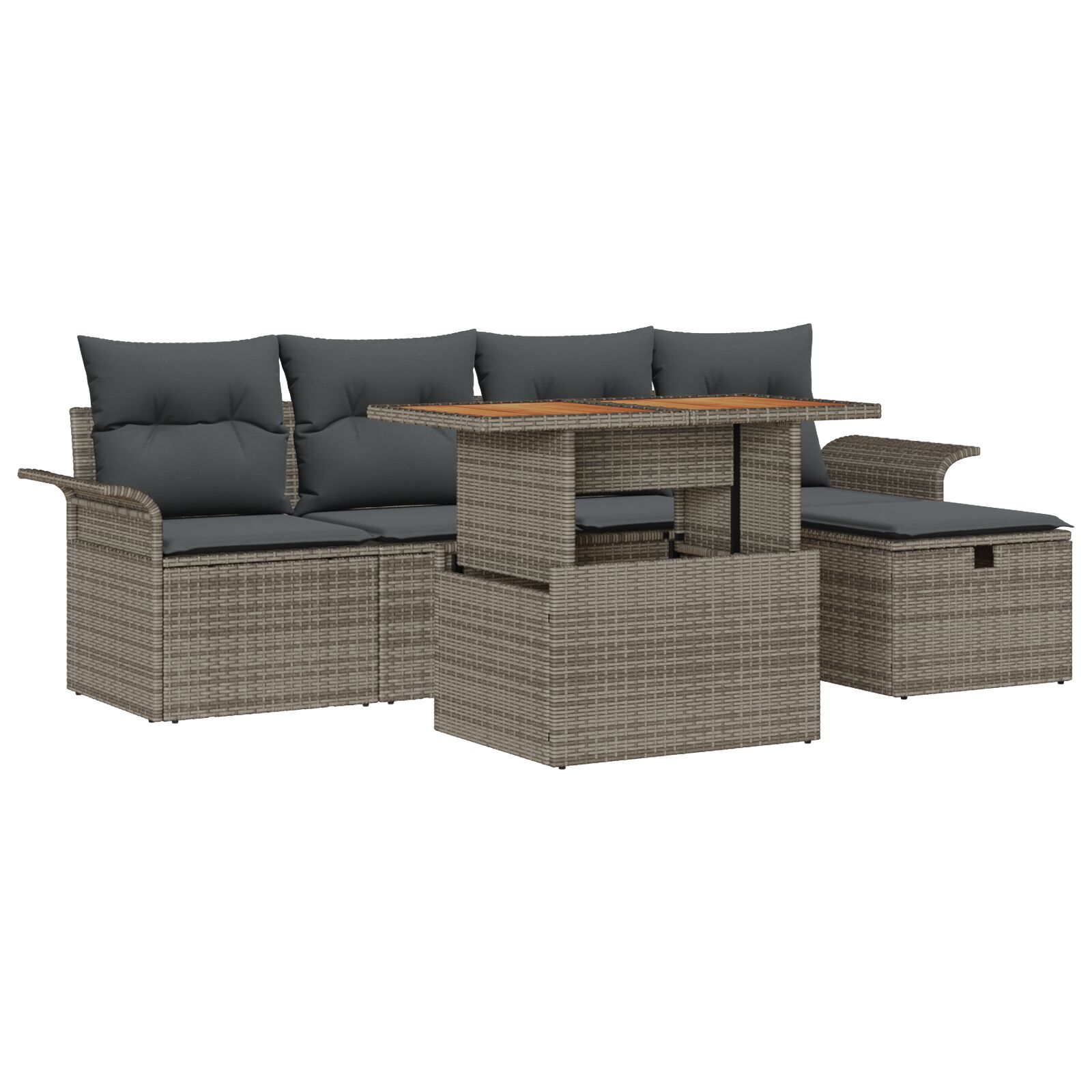 6-teiliges Garten Sofa Set mit Kissen Grau Poly-Rattan, 2-Sitzer Garten Sofa mit Stauraum & Kissen Grau Poly-Rattan