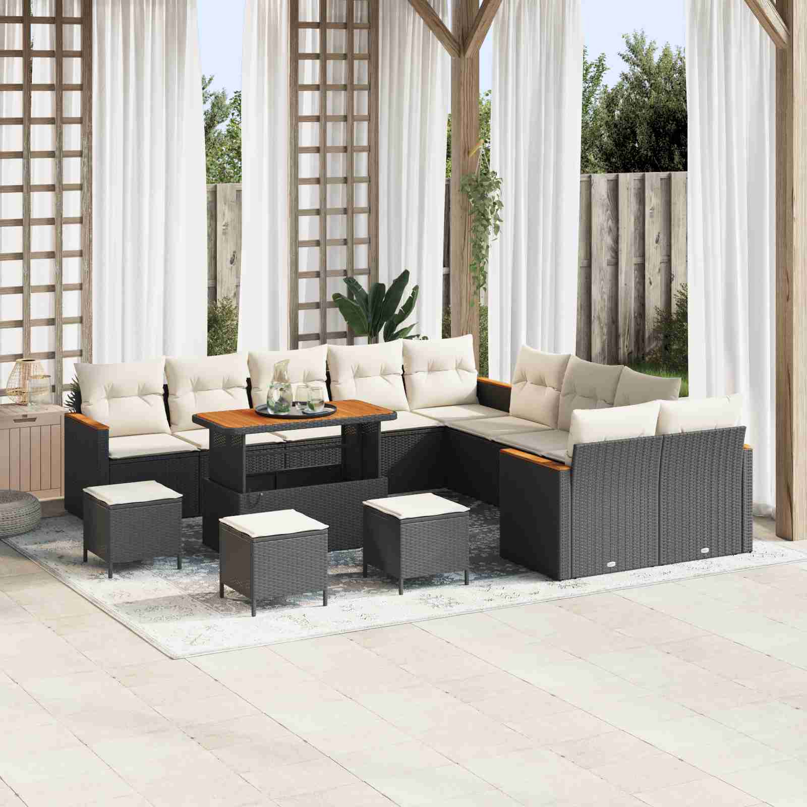 14-teiliges Garten Sofa Set mit Kissen Schwarz Poly Rattan Akazie
