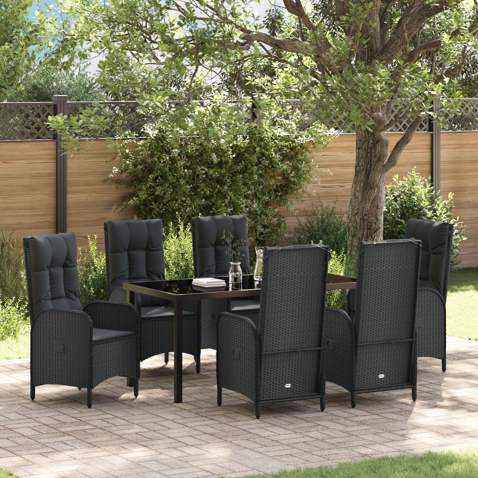 7-teiliges Garten-Essenset Schwarz Poly Rattan