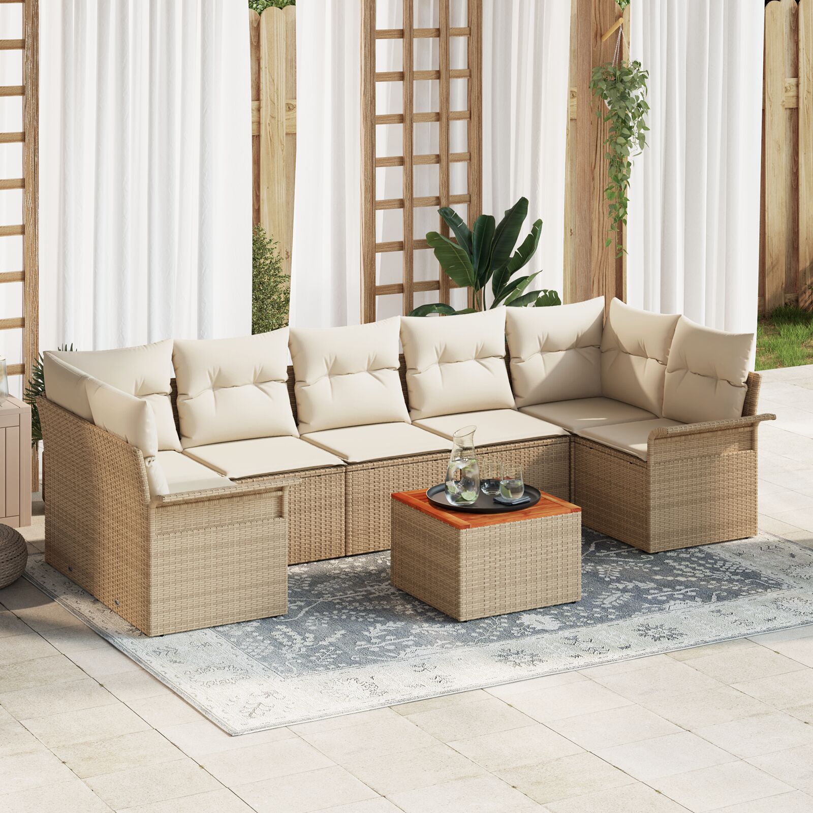 8-teiliges Garten Sofa Set mit Kissen Beige Poly Rattan Akazie