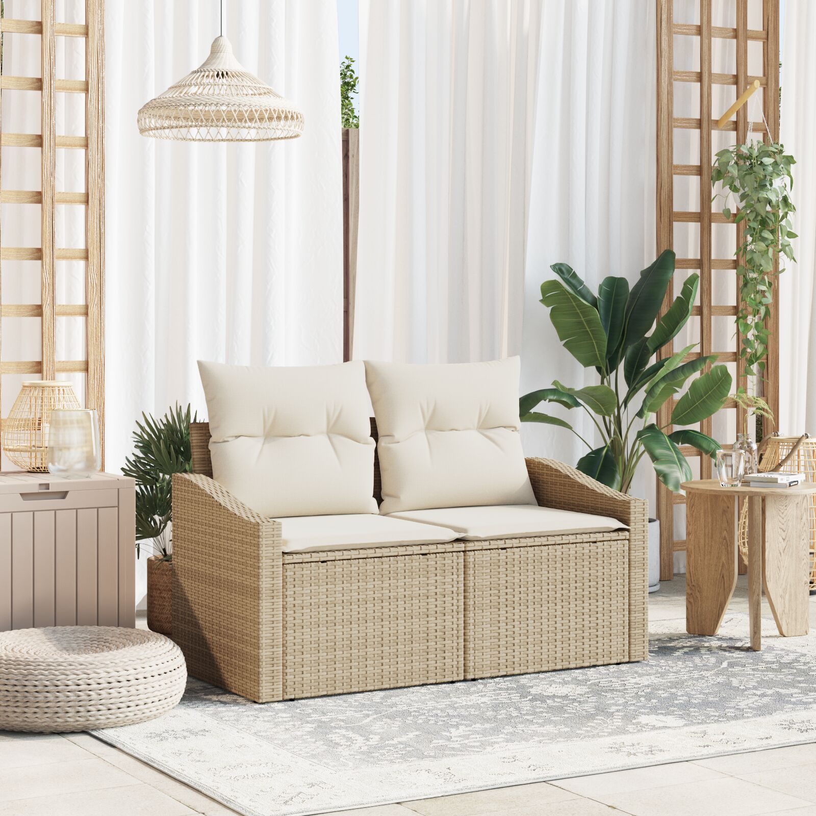 2-Sitzer Gartensofa mit Kissen Beige Poly Rattan 2-Sitzer Gartensofa mit Kissen Beige Poly Rattan