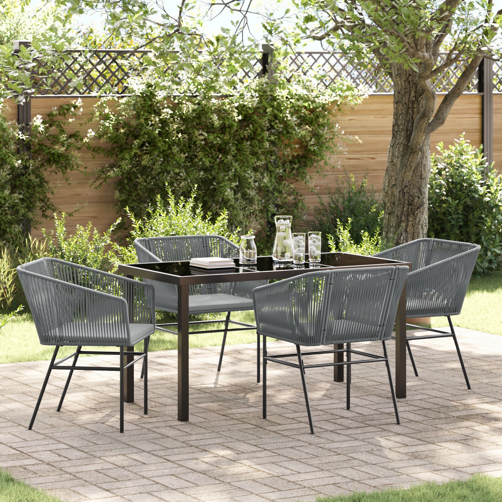 5-teiliges Garten-Ess-Set mit Kissen Grau Poly Rattan