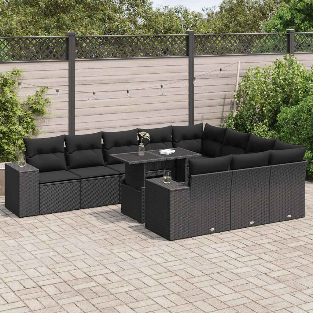 11-tlg. Garten-Sofagarnitur mit Kissen Schwarz Poly Rattan 11-tlg. Garten-Sofagarnitur mit Kissen Schwarz Poly Rattan