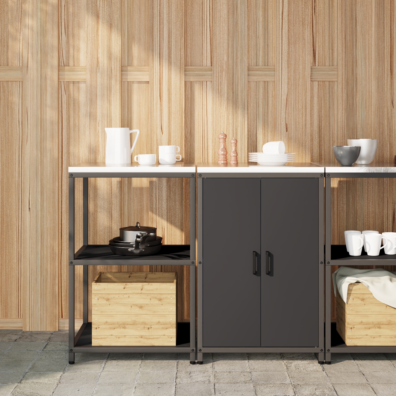 Küchenlager-Set mit Regal mit Speicher mit Tür Verstellbar 2 pcs Schwarz 120 x 50 x 92 cm