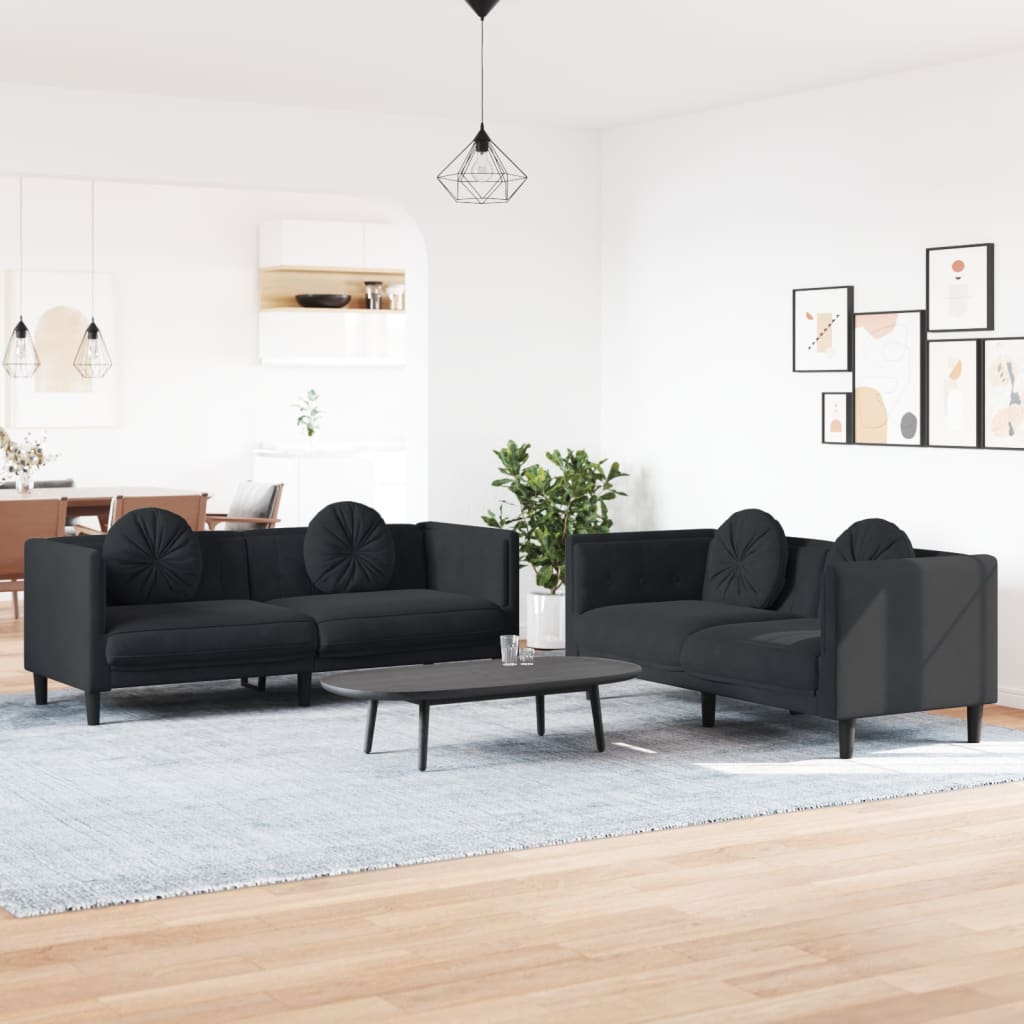 2-tlg. Sofagarnitur mit Kissen Schwarz Samt 2-tlg. Sofagarnitur mit Kissen Schwarz Samt