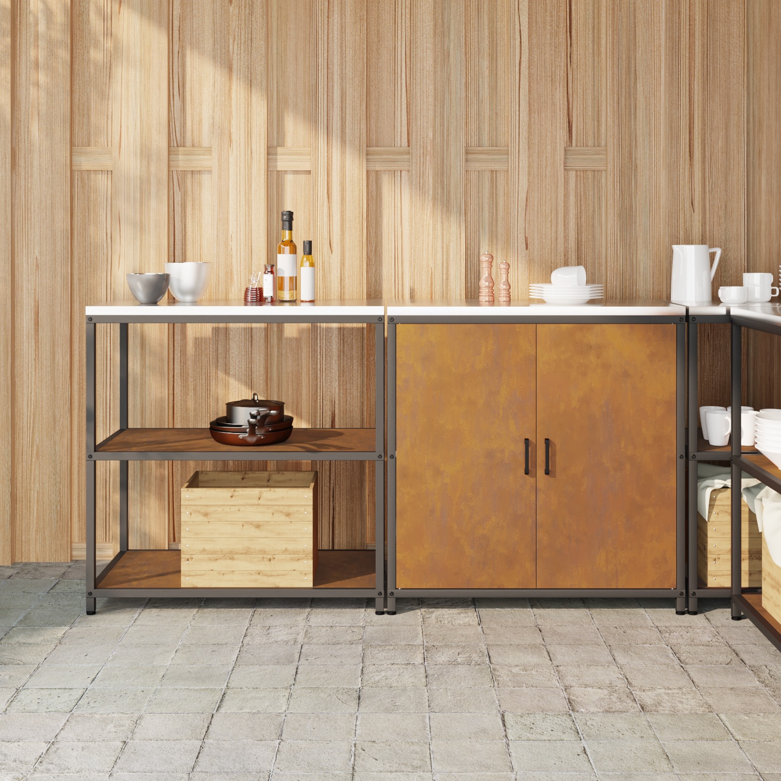 Küchenlager-Set mit Regal mit Speicher mit Tür Verstellbar 2 pcs Rostig 150 x 50 x 92 cm