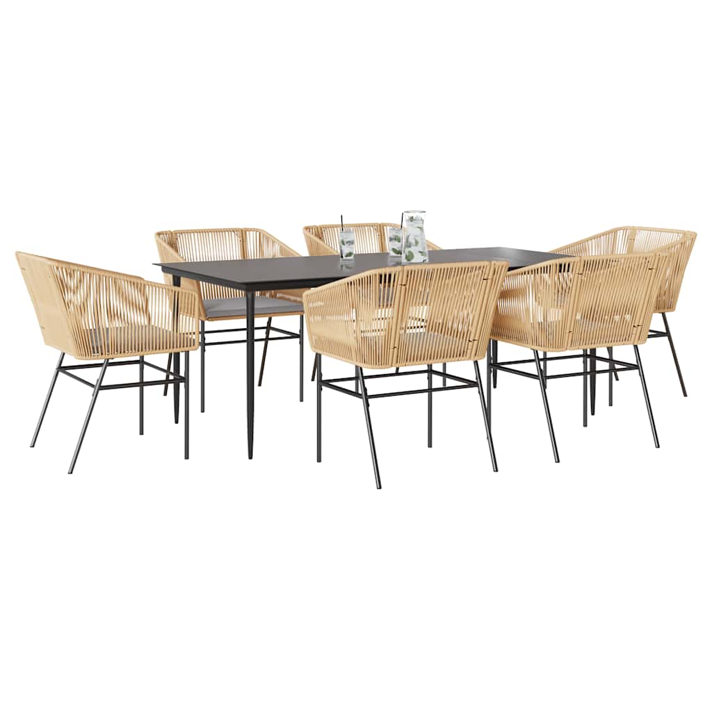 vidaXL 7-tlg. Garten-Essgruppe mit Kissen Braun Poly Rattan Glas