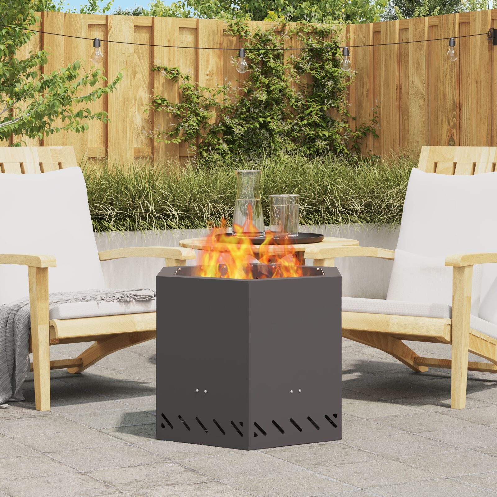 vidaXL rauchfreier Feuertisch sechseckig schwarz 58x58x51 cm Stahl