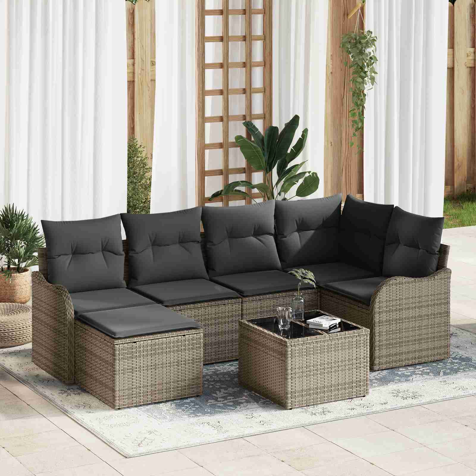 6-teiliges Garten Sofa Set mit Kissen Schwarzes Poly Rattan 6-teiliges Garten Sofa Set mit Kissen Schwarzes Poly Rattan