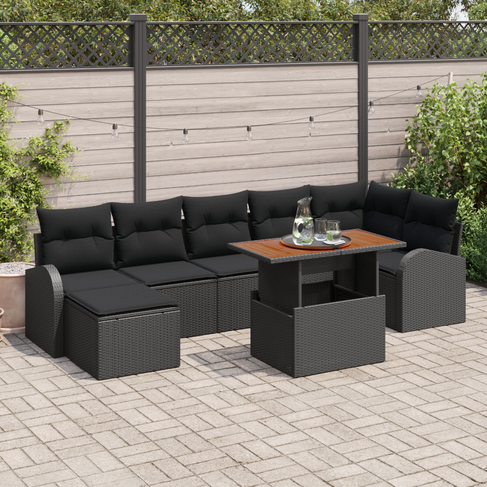 8-teiliges Garten Essgruppe mit Kissen Schwarz Poly Rattan Akazie