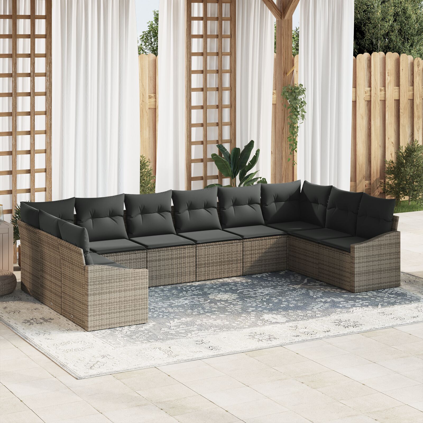 10-teiliges Garten-Sofa-Set mit Kissen Grau Poly Rattan