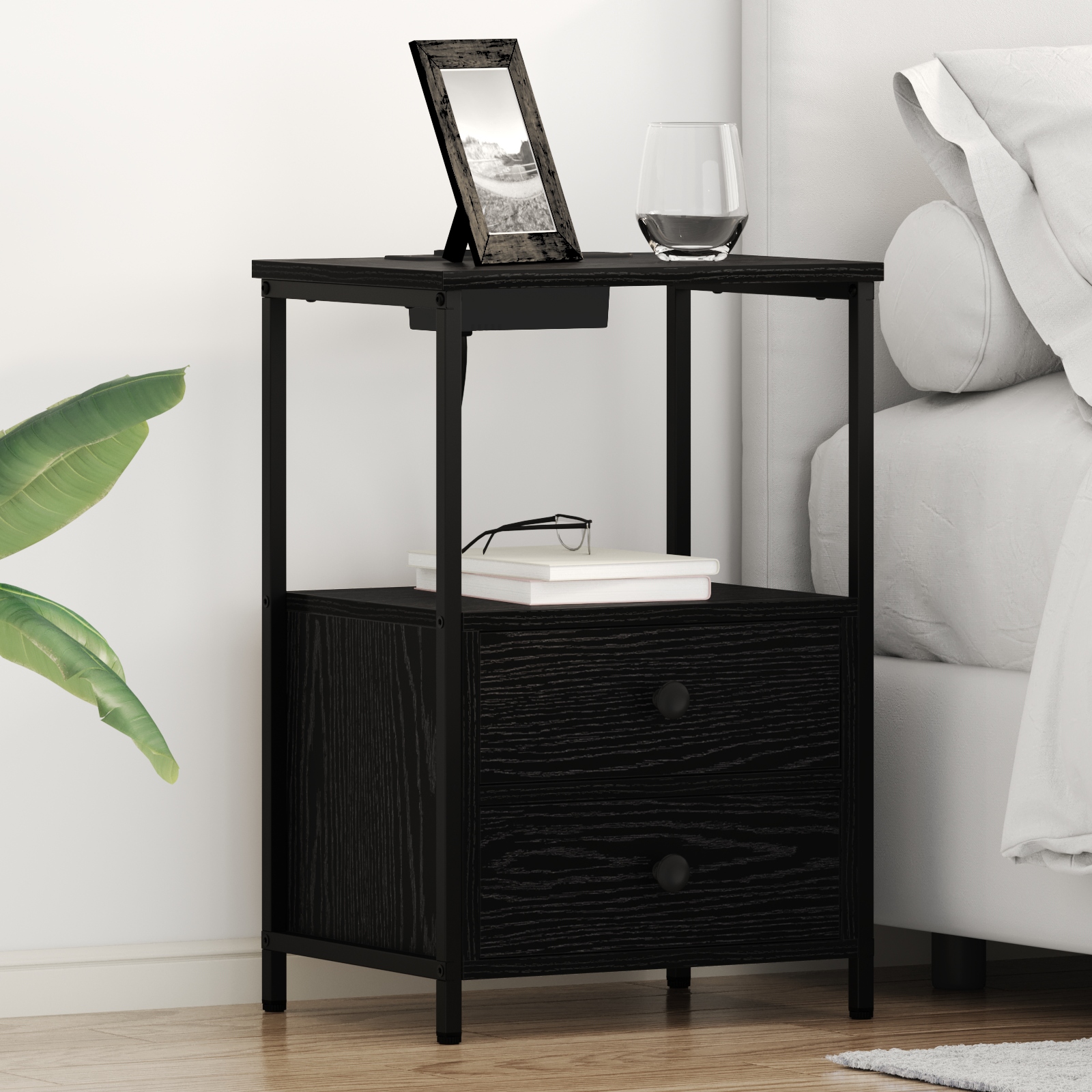 Nachttisch mit Ladestation 2 pcs Schwarze Eiche Holzwerkstoff