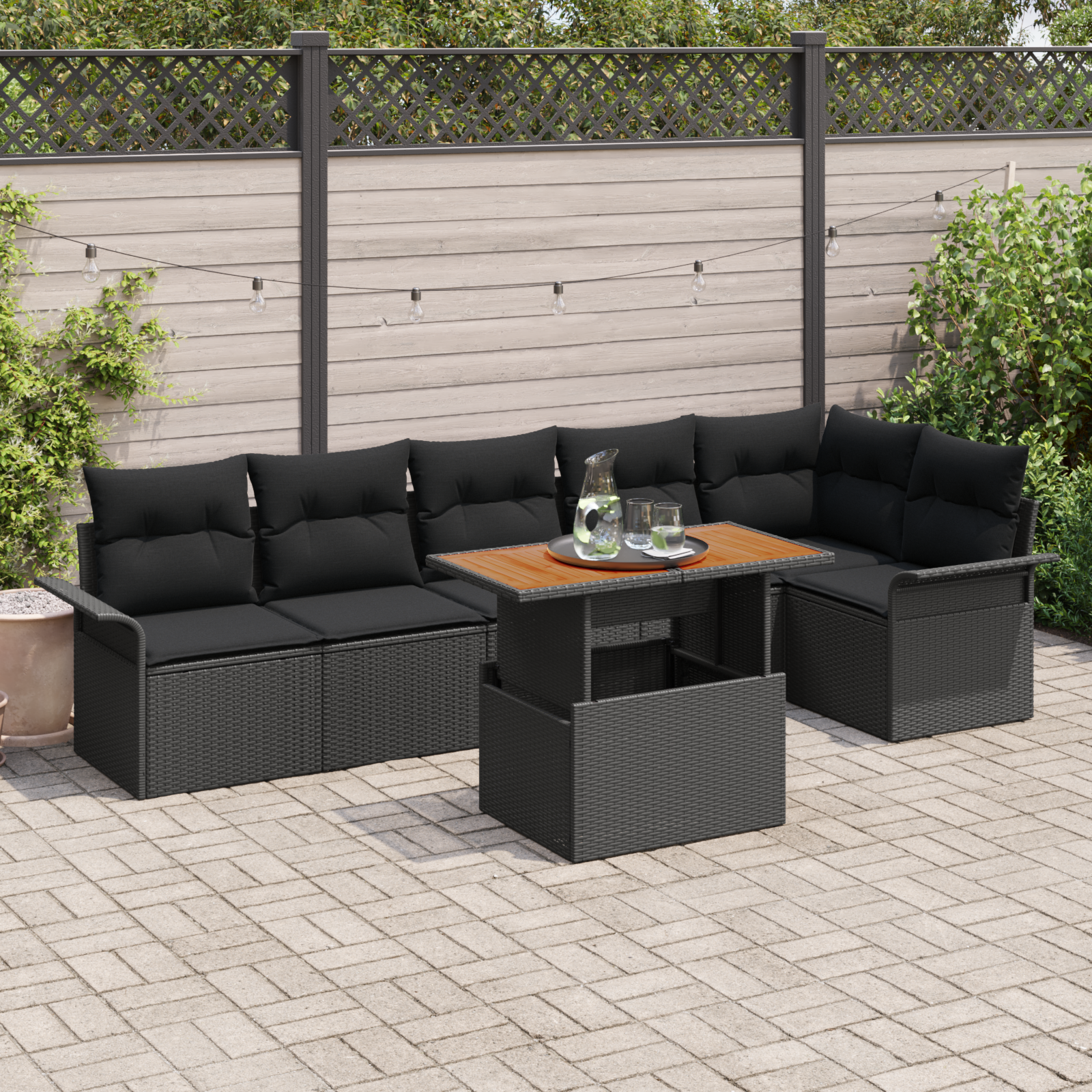 7-teiliges Garten-Sofa-Set mit Kissen Schwarz Poly Rattan 7-teiliges Garten-Sofa-Set mit Kissen Schwarz Poly Rattan