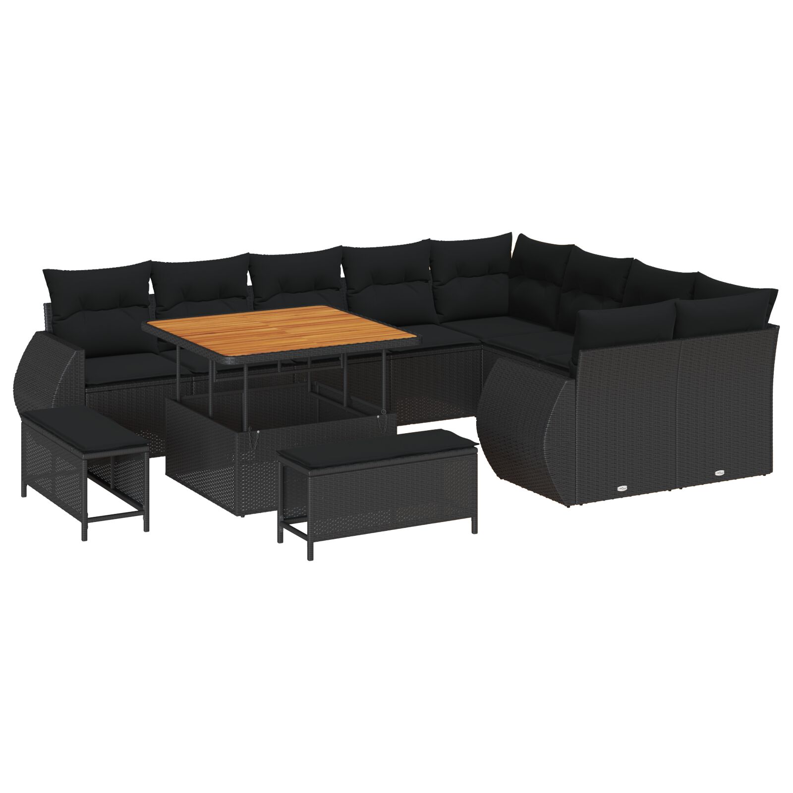 12-teiliges Garten Sofa Set mit Kissen Schwarz Poly Rattan Akazie, 3-teiliges Garten Esstisch Set mit Kissen Schwarz Poly Rattan Akazie 12-teiliges Garten Sofa Set mit Kissen Schwarz Poly Rattan Akazie, 3-teiliges Garten Esstisch Set mit Kissen Schwarz Poly Rattan Akazie
