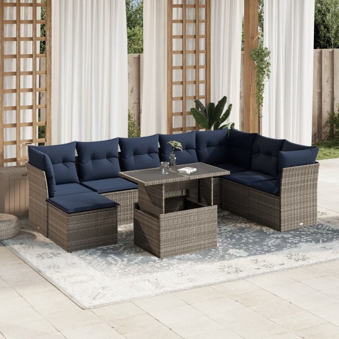 9-teiliges Gartensofa-Set mit Kissen, grau, Polyrattan 9-teiliges Gartensofa-Set mit Kissen, grau, Polyrattan