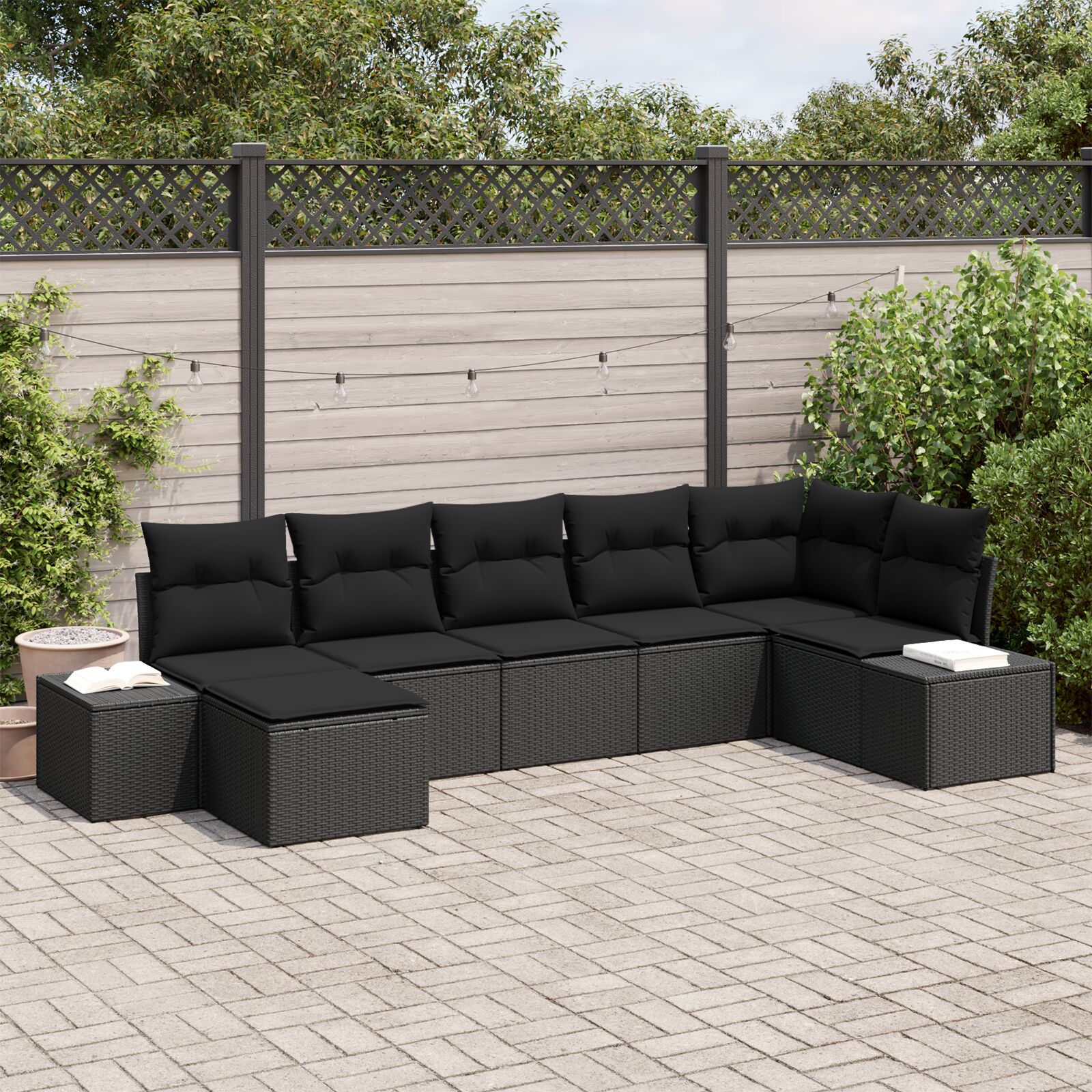 vidaXL Garten Sofa Set 7-teiliges Set Schwarz Poly Rattan, Polyesterkissen