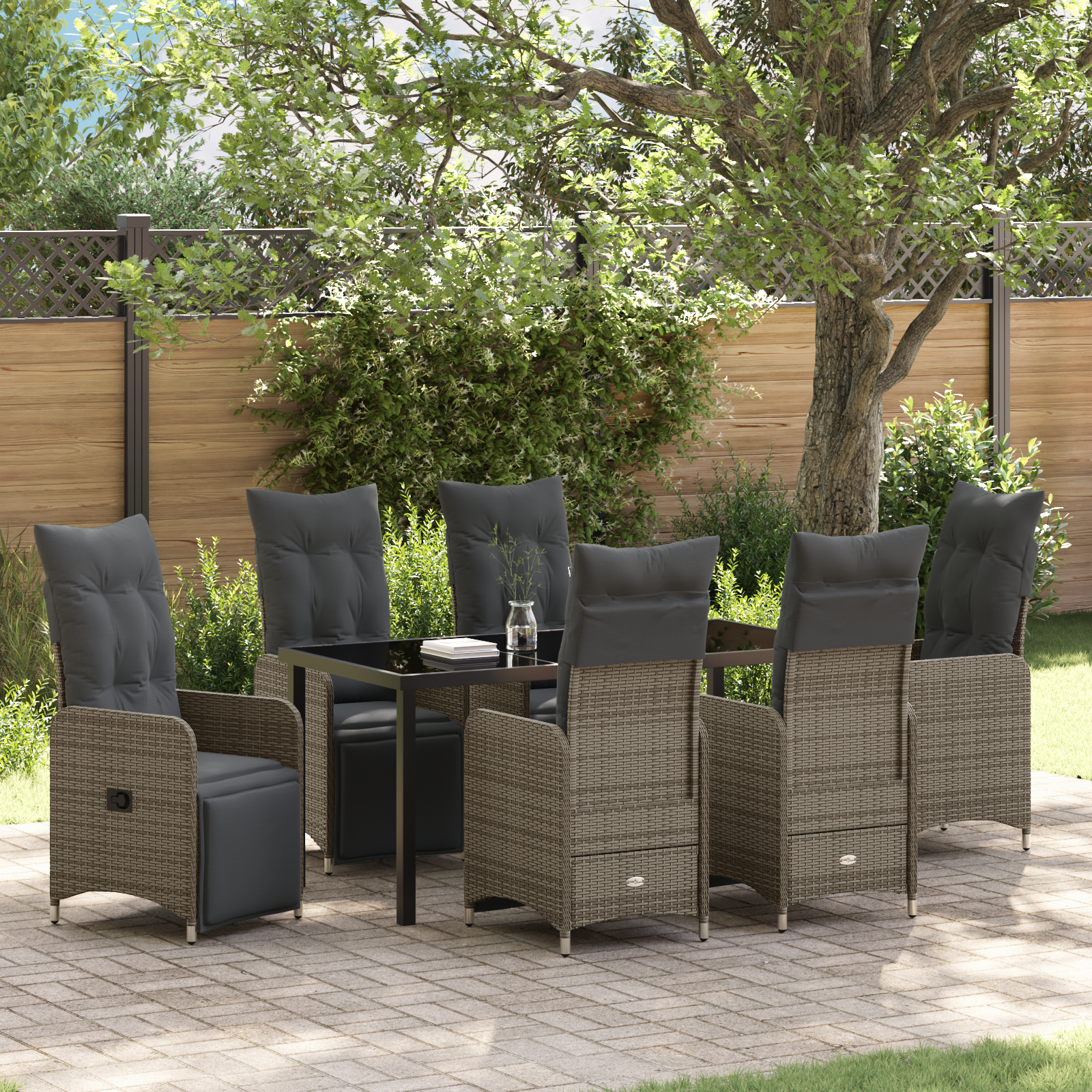 7-teiliges Garten-Dining-Set mit Kissen Graues Poly-Rattan 7-teiliges Garten-Dining-Set mit Kissen Graues Poly-Rattan