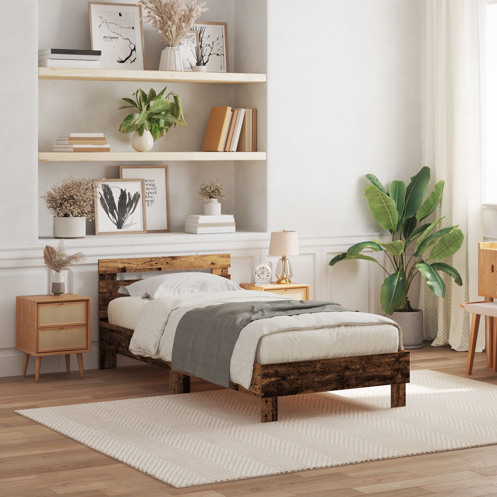 vidaXL Bettgestell mit LED-Lichtern Alteiche 90x200 cm Engineered Wood