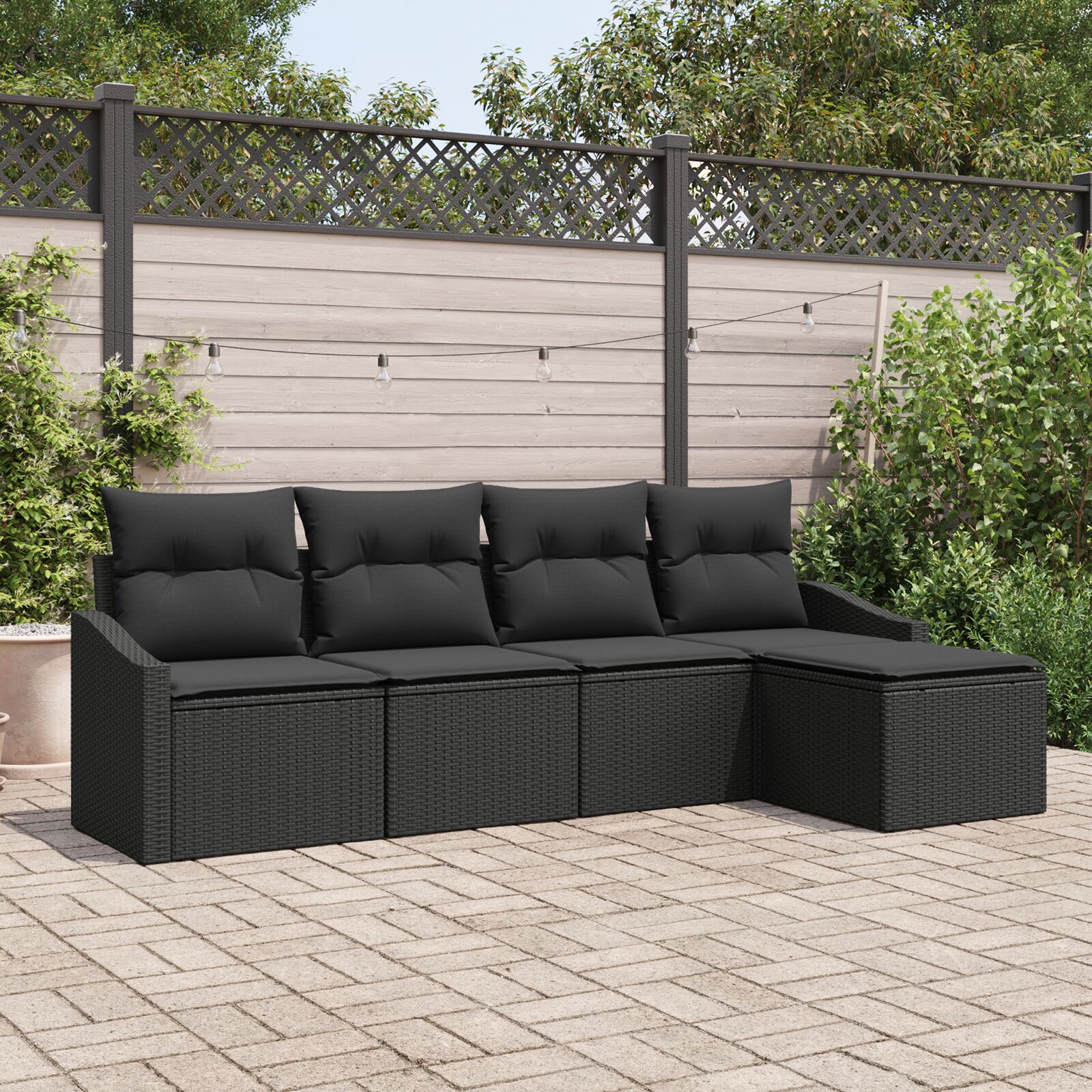 vidaXL Garten-Sofaset Set aus 5 Schwarz Rattan, Polyester-Kissen