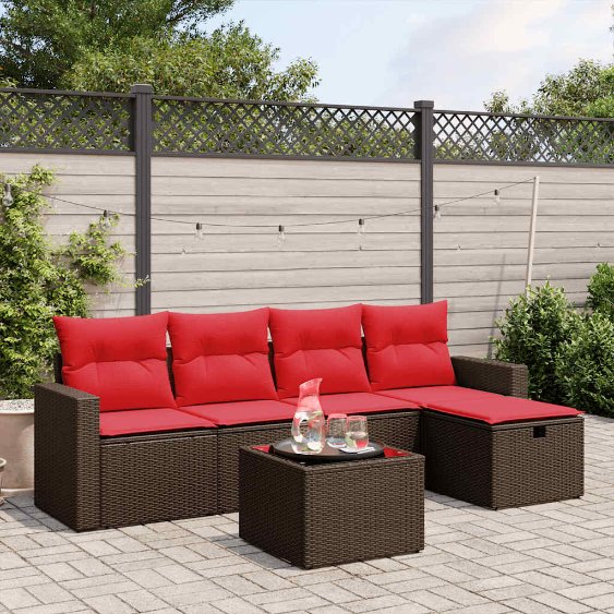 6-teiliges Gartensofa-Set mit Kissen, braun, Polyrattan