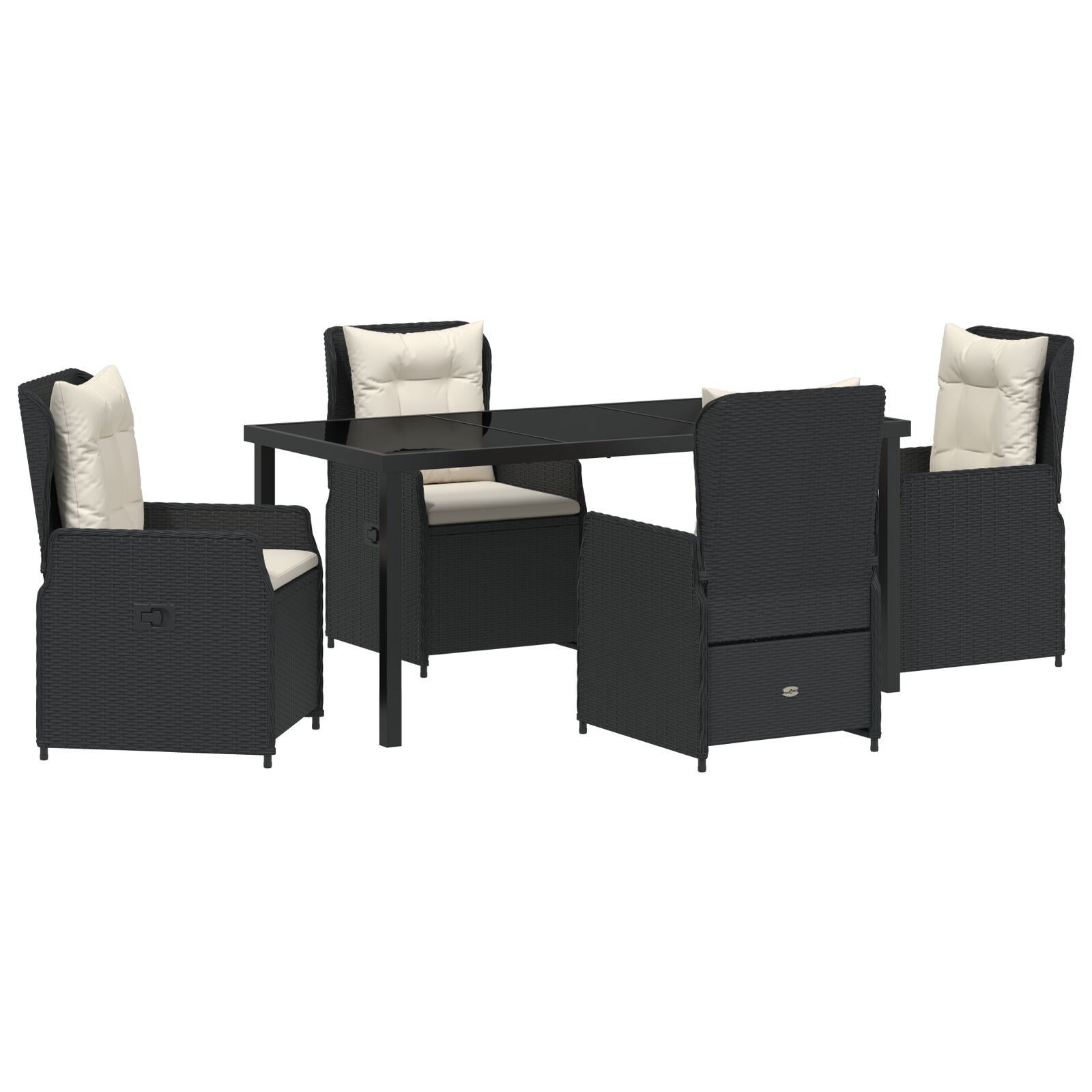 5-teiliges Garten-Essgruppe Schwarz Polyrattan, Gartentisch Schwarz 160x80x73 cm Sicherheitsglas