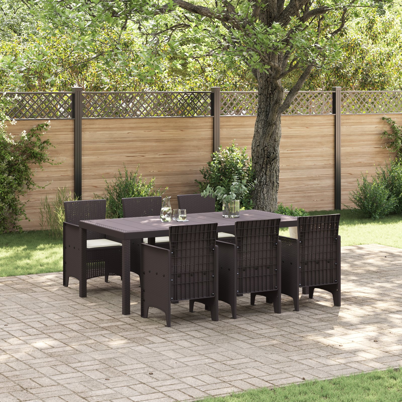 7-teiliges Garten Esszimmer Set mit Kissen Braun Poly Rattan