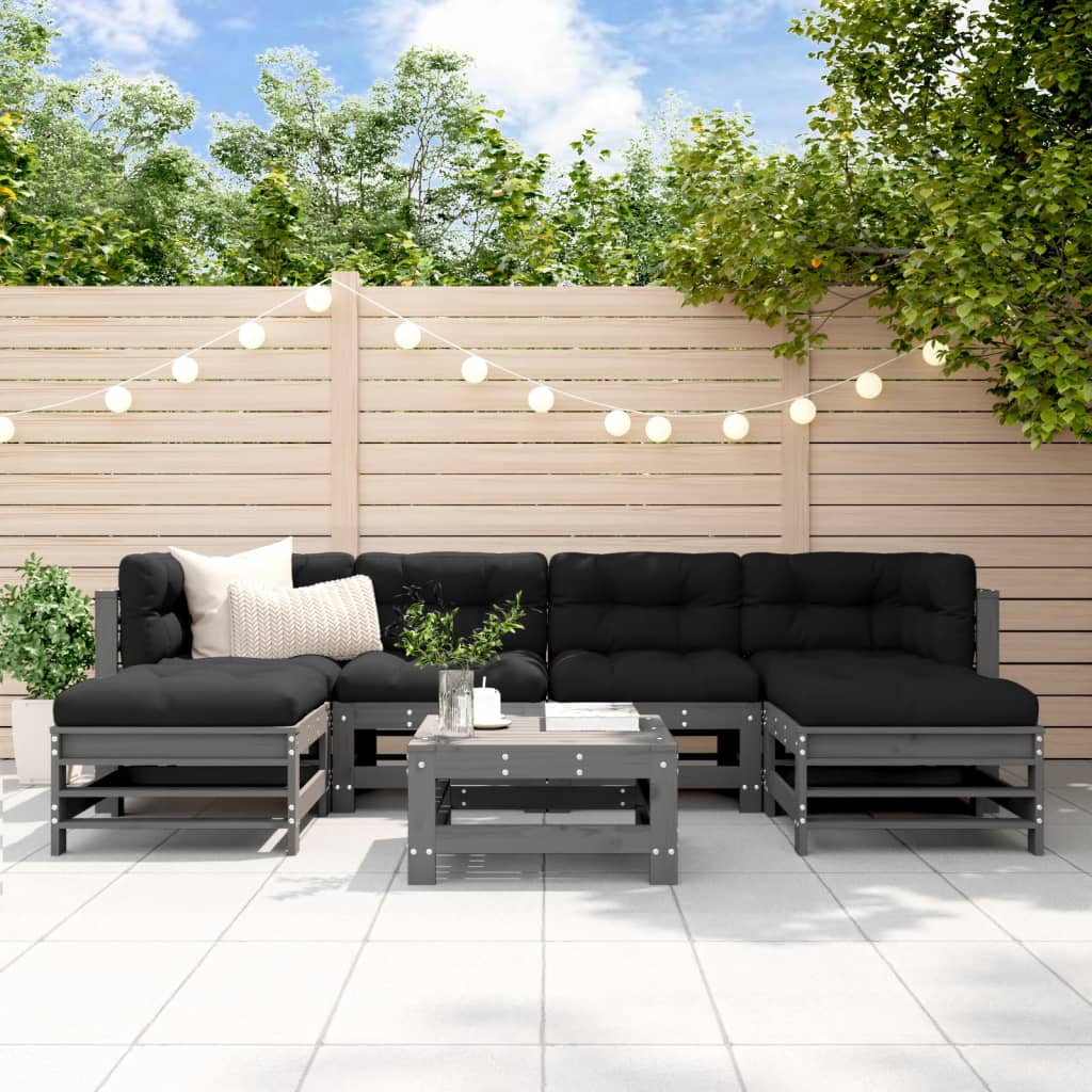 7-tlg. Garten-Lounge-Set mit Kissen Grau Massivholz 7-tlg. Garten-Lounge-Set mit Kissen Grau Massivholz
