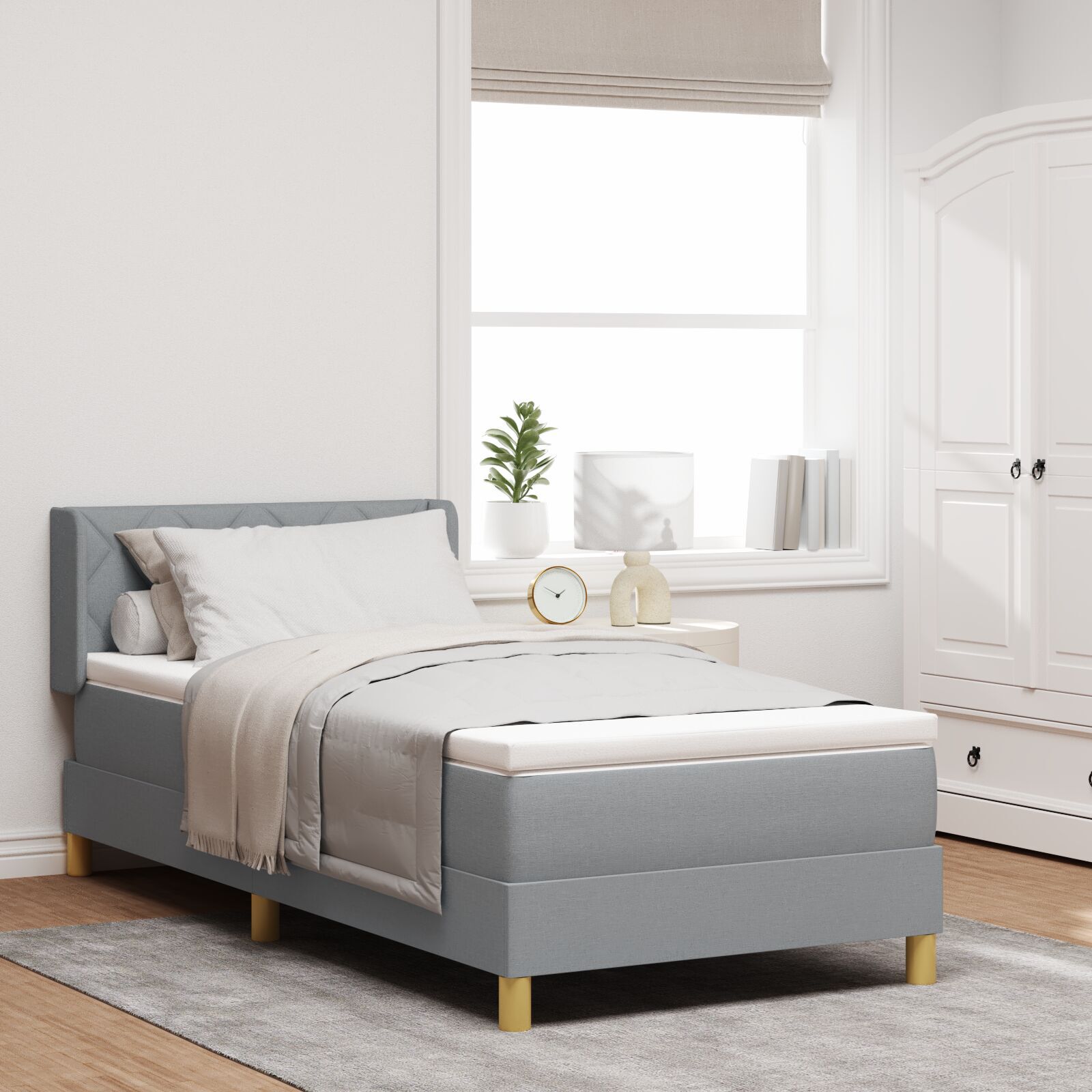 Boxspringbett mit Matratze Hellgrau 90x200 cm Stoff, Kopfteil mit Diamantblockdesign Hellgrau 90 cm Stoff