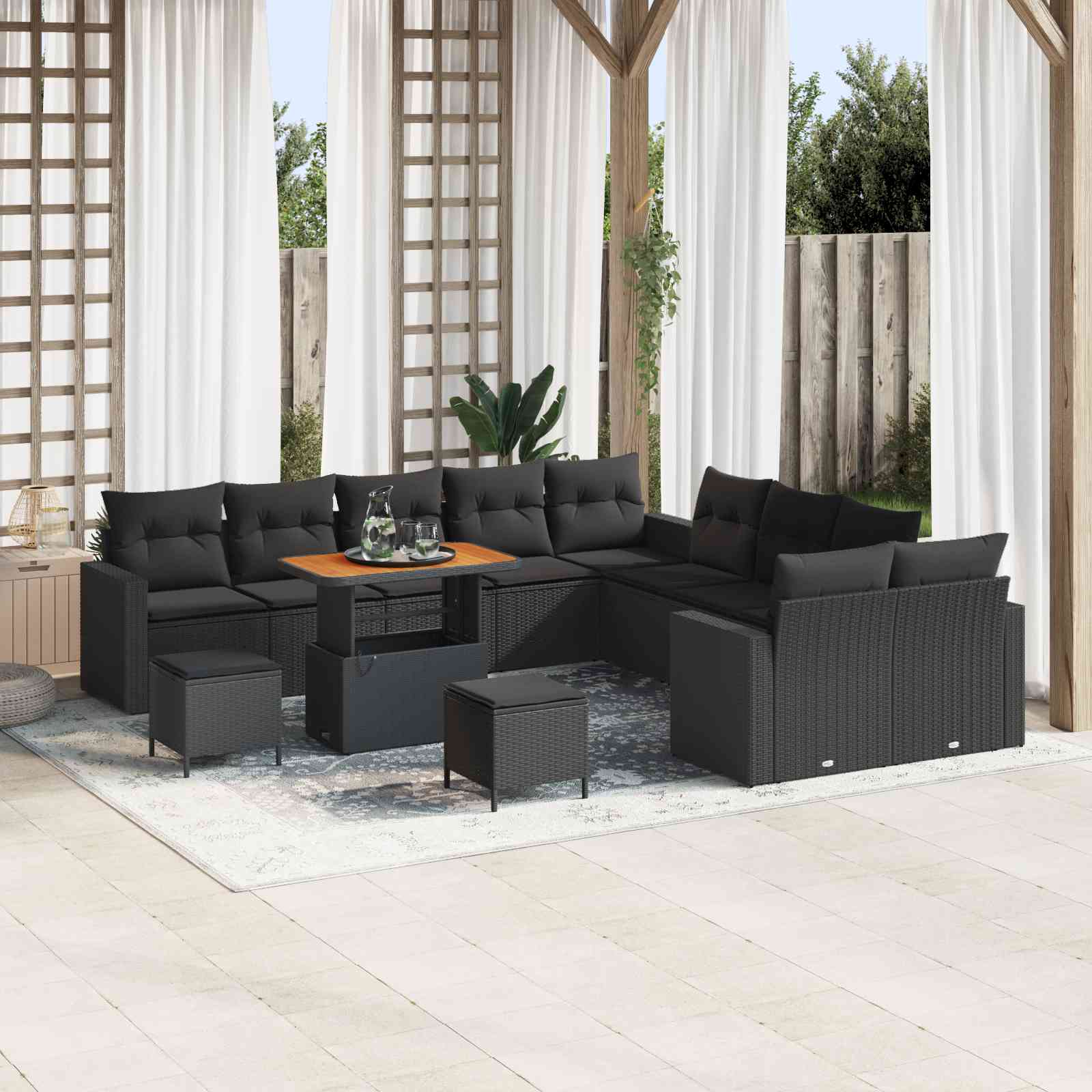13-teiliges Garten Sofa Set mit Kissen Schwarz Poly Rattan Akazie