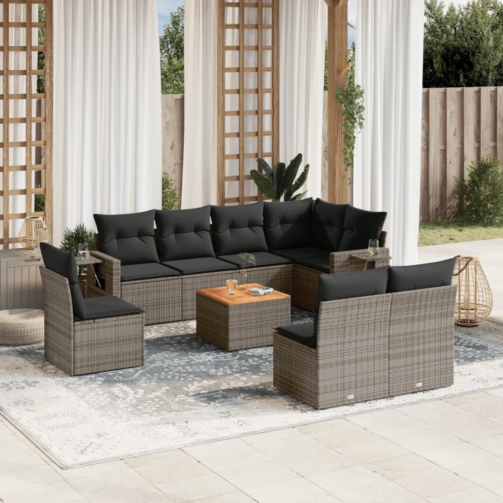 9-tlg. Garten-Sofagarnitur mit Kissen Grau Poly Rattan 9-tlg. Garten-Sofagarnitur mit Kissen Grau Poly Rattan
