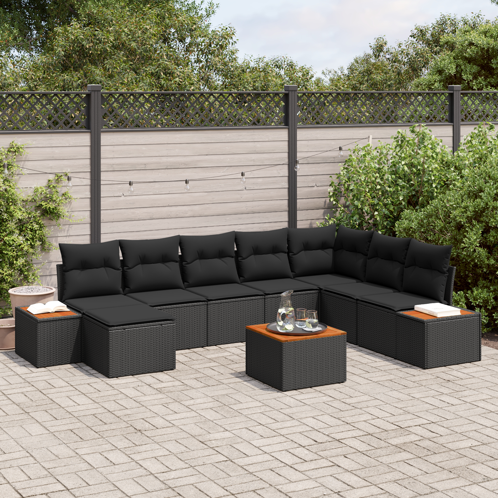 9-teiliges Garten-Sofa-Set mit Kissen Schwarz Poly Rattan Akazie 9-teiliges Garten-Sofa-Set mit Kissen Schwarz Poly Rattan Akazie