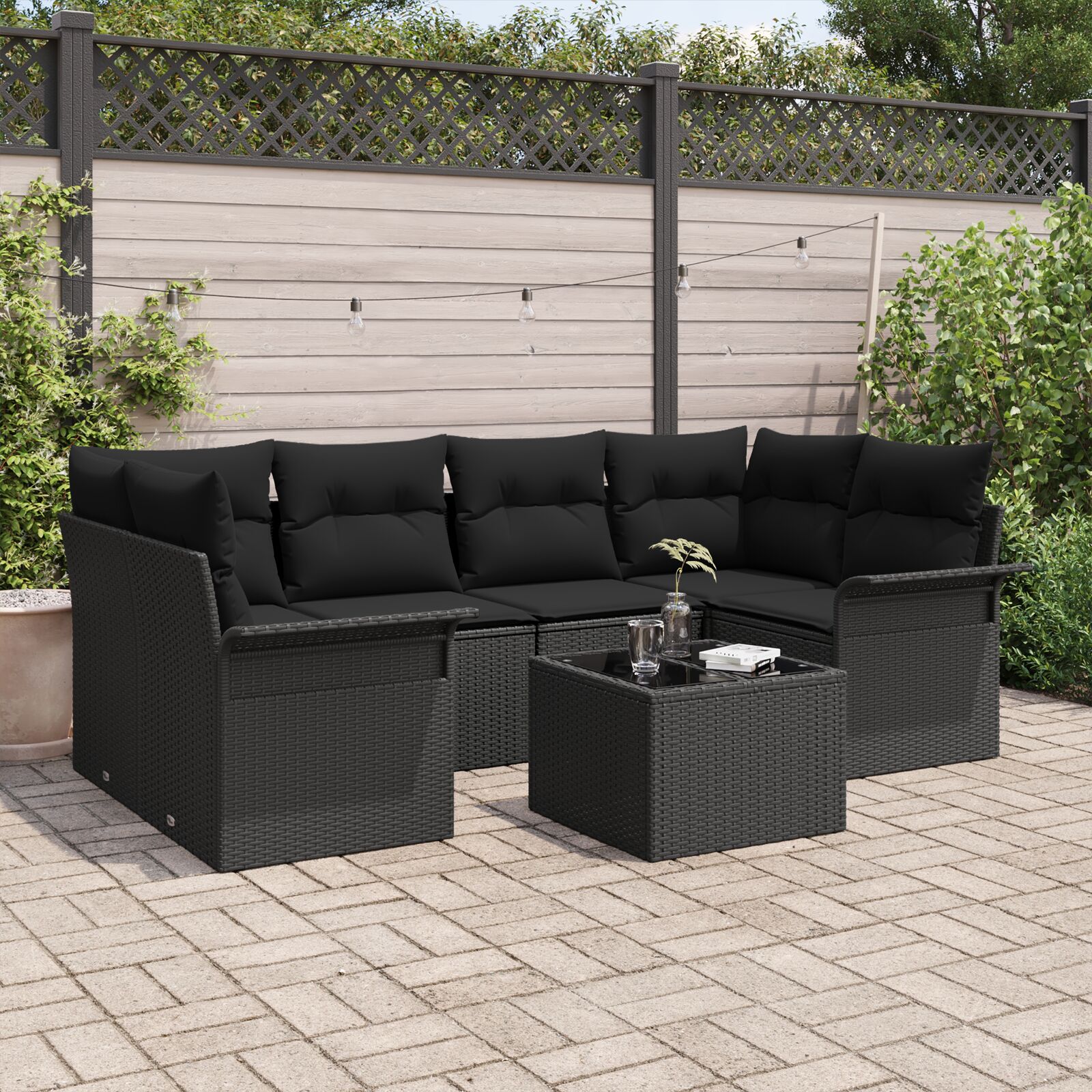 7-teiliges Garten-Sofa-Set mit Kissen Schwarz Poly-Rattan