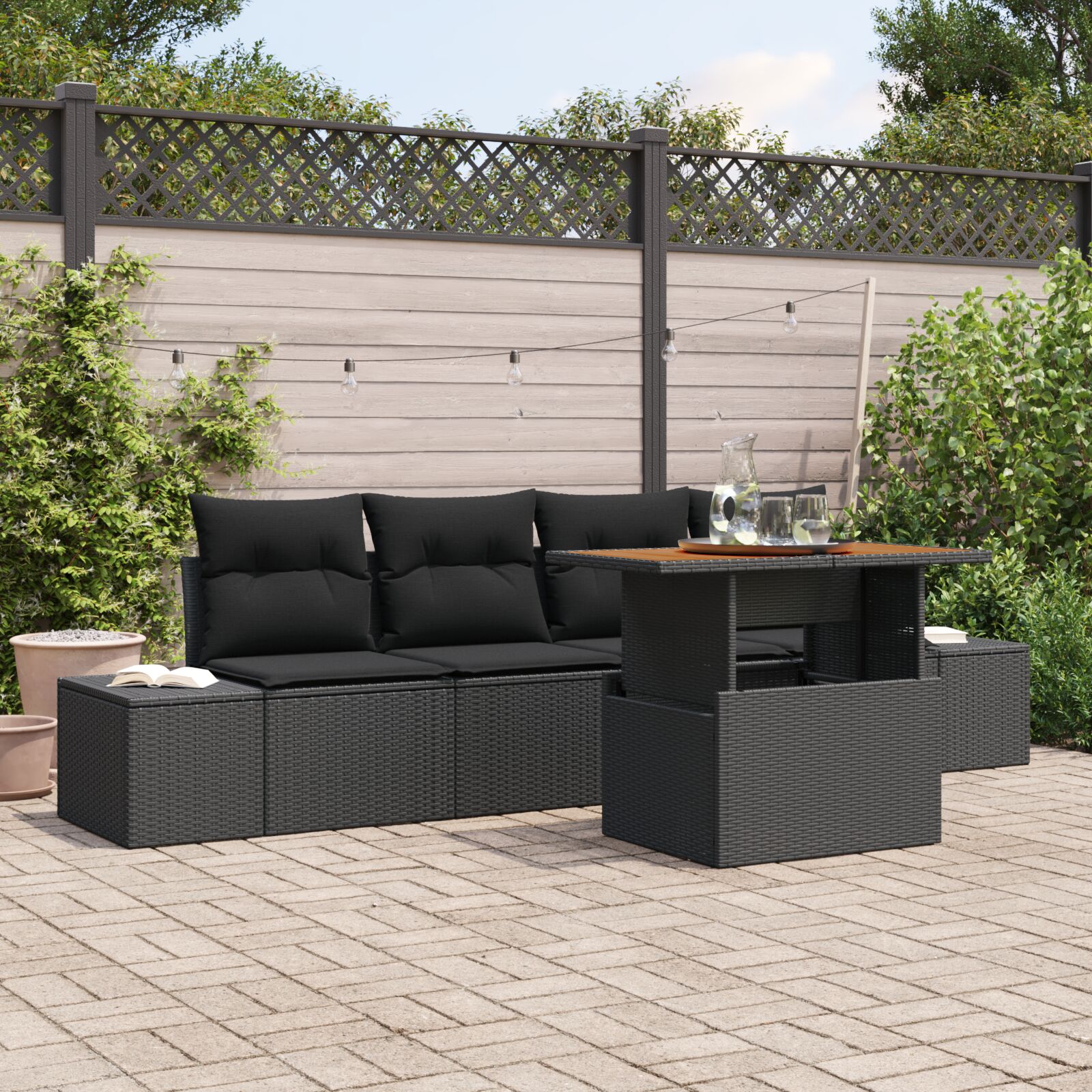 vidaXL Garten-Sofa-Set 5er Set Schwarz Rattan, Stoff vidaXL Garten-Sofa-Set 5er Set Schwarz Rattan, Stoff