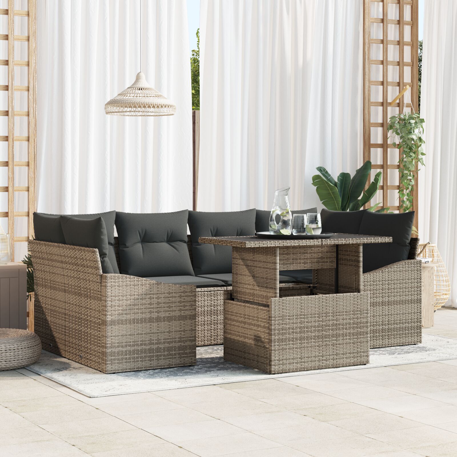 7-teiliges Garten-Sofa-Set mit Kissen Grau Poly-Rattan