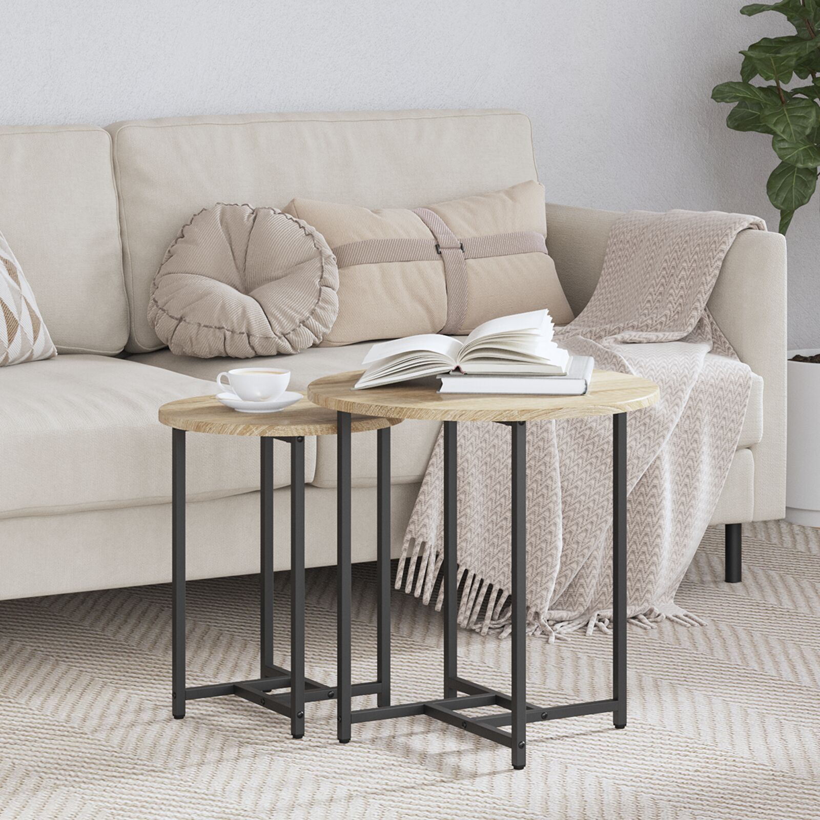 vidaXL Beistelltisch 2er Set Sonoma Eiche, Holzwerkstoff & Metall