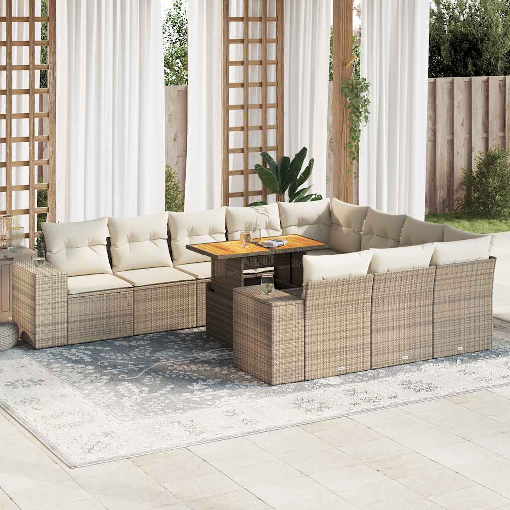 10-tlg. Garten-Sofagarnitur mit Kissen Beige Poly Rattan Akazie 10-tlg. Garten-Sofagarnitur mit Kissen Beige Poly Rattan Akazie