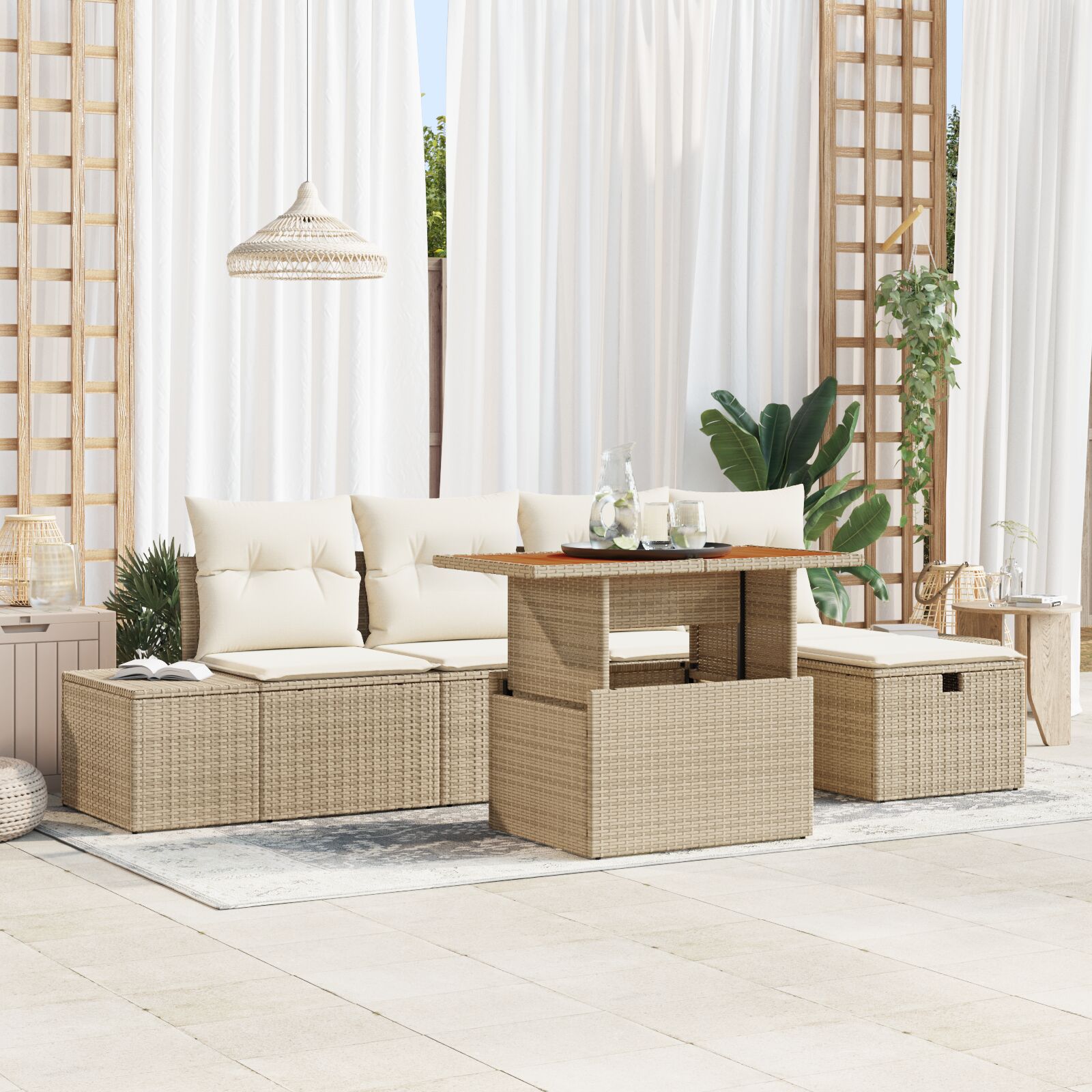 6-teiliges Garten Sofa Set mit Kissen Beige Poly Rattan
