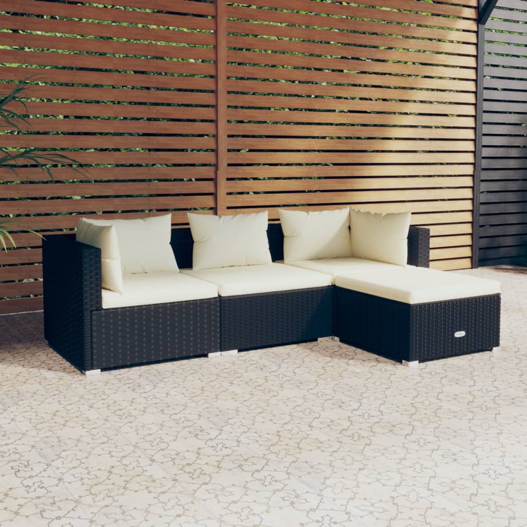 4-tlg. Garten-Lounge-Set mit Auflagen Poly Rattan Schwarz 4-tlg. Garten-Lounge-Set mit Auflagen Poly Rattan Schwarz
